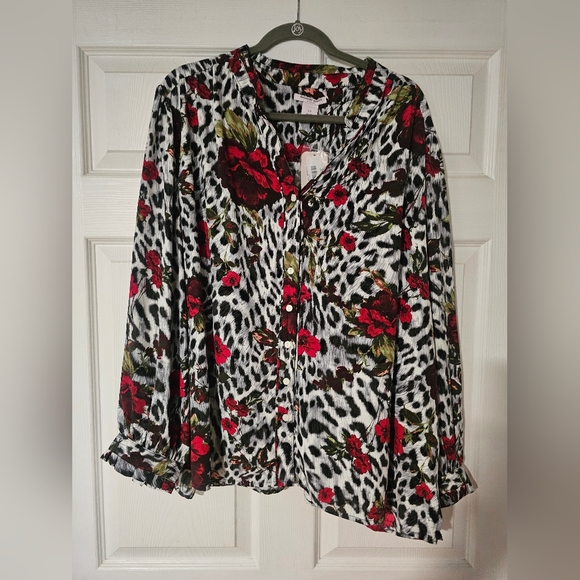 Floral Animal Print Button-Up Blouse - Picture 1 of 7